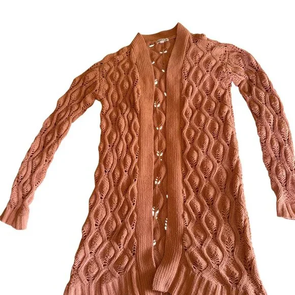 Derek Heart Peach Crochet Cardigan Women's S - Y2K Open Knit Sweater Layer Boho - Picture 2 of 12